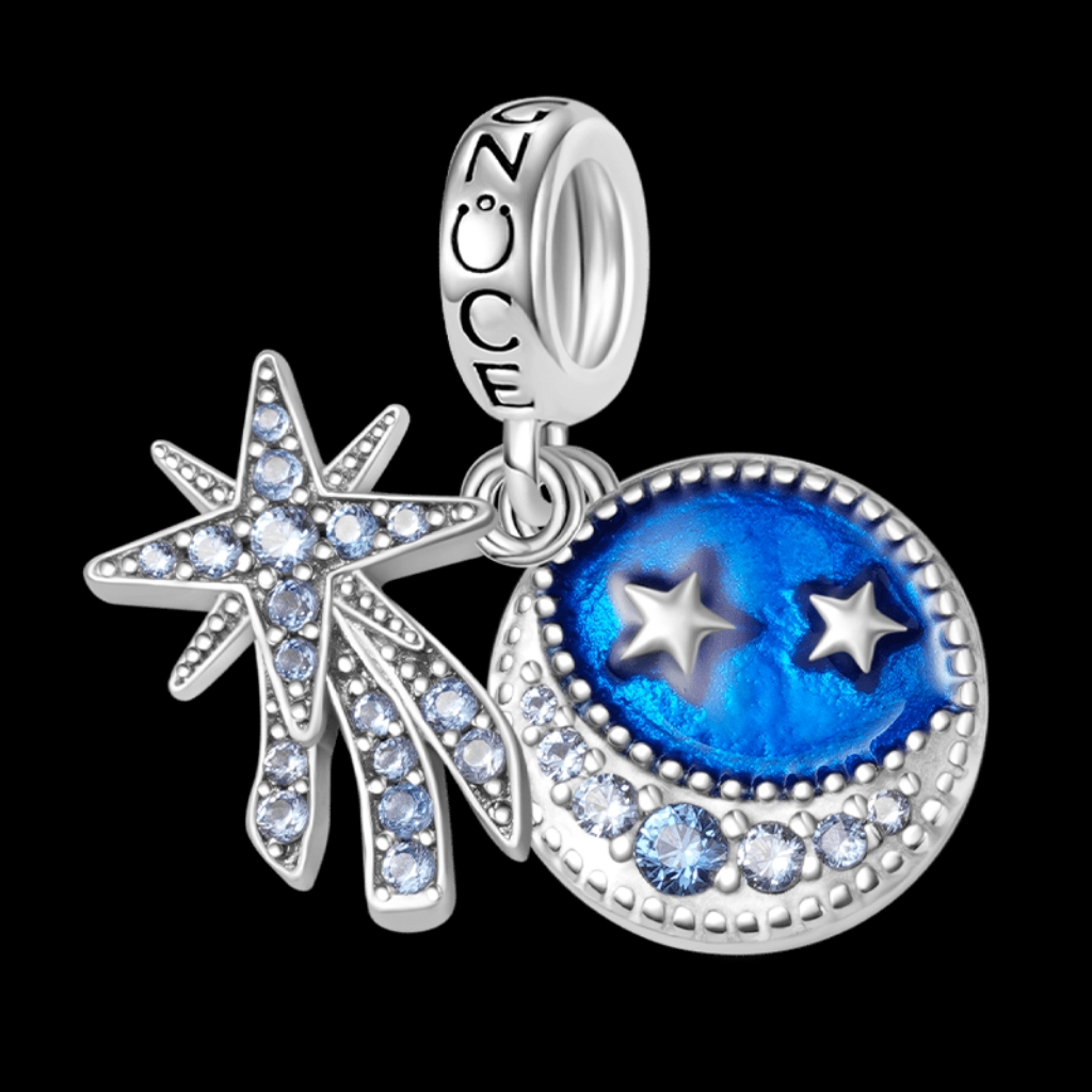 Gnoce Sterling Silver Moon Shooting Star Blue & Rhinestones Bracelet Charm